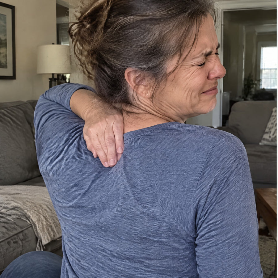 Before: pressing on a painful knot between the shoulder blades